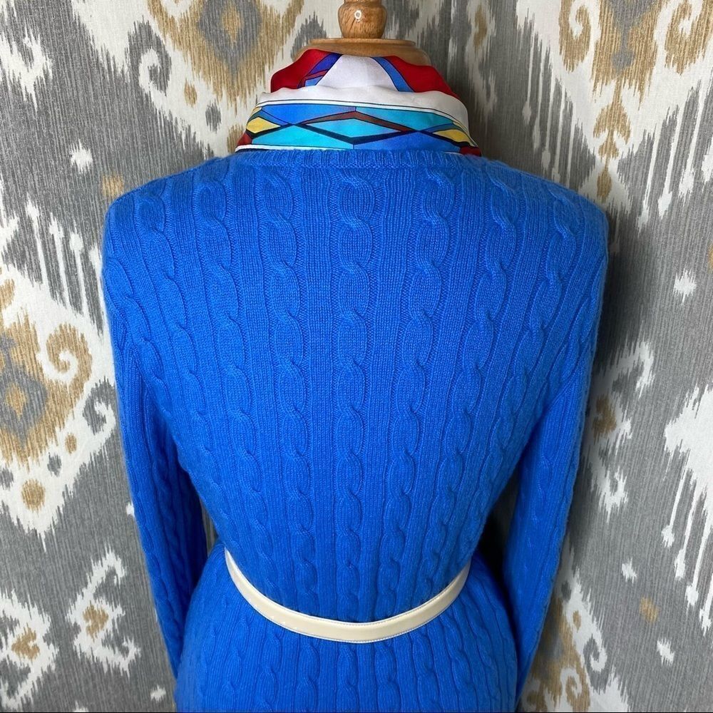 Ralph Lauren Blue Cashmere Mitered Cable Knit V-Neck Long Sleeve Sweater - Picture 15 of 16